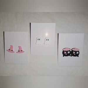 Halloween Earring Set - Pink, Black & White. Witch Hat, Ghosts, Cutie Cauldron.